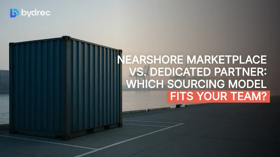 Lone shipping container beside an empty berth at dawn, with distant cranes and open shipping lanes symbolizing sourcing model choices.