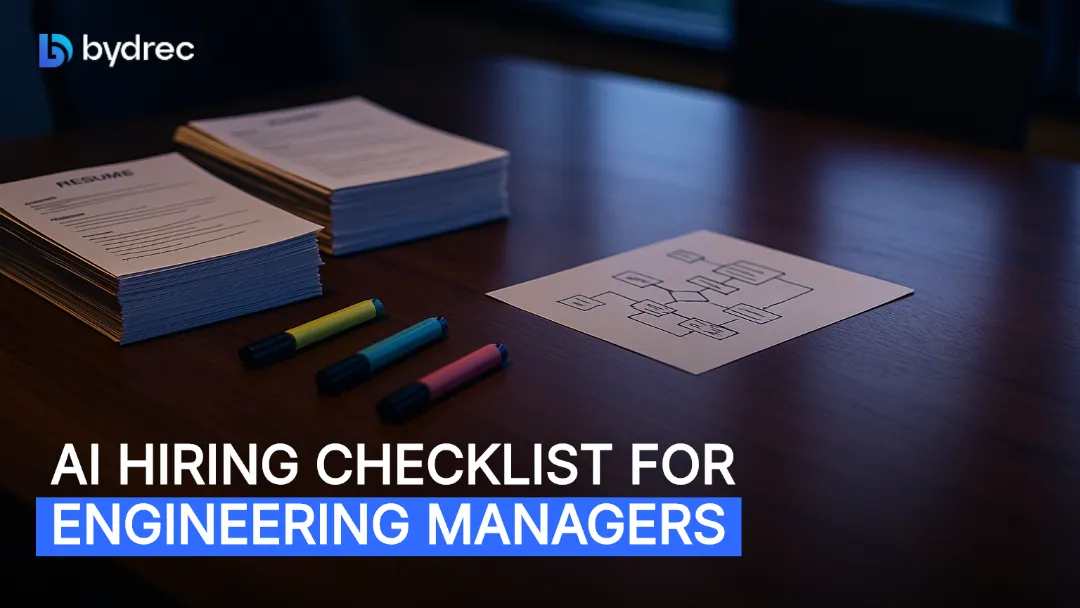 Resume stacks and a hand-drawn hiring flowchart on a conference table, lit by soft dawn window light with highlighter pens scattered nearby.