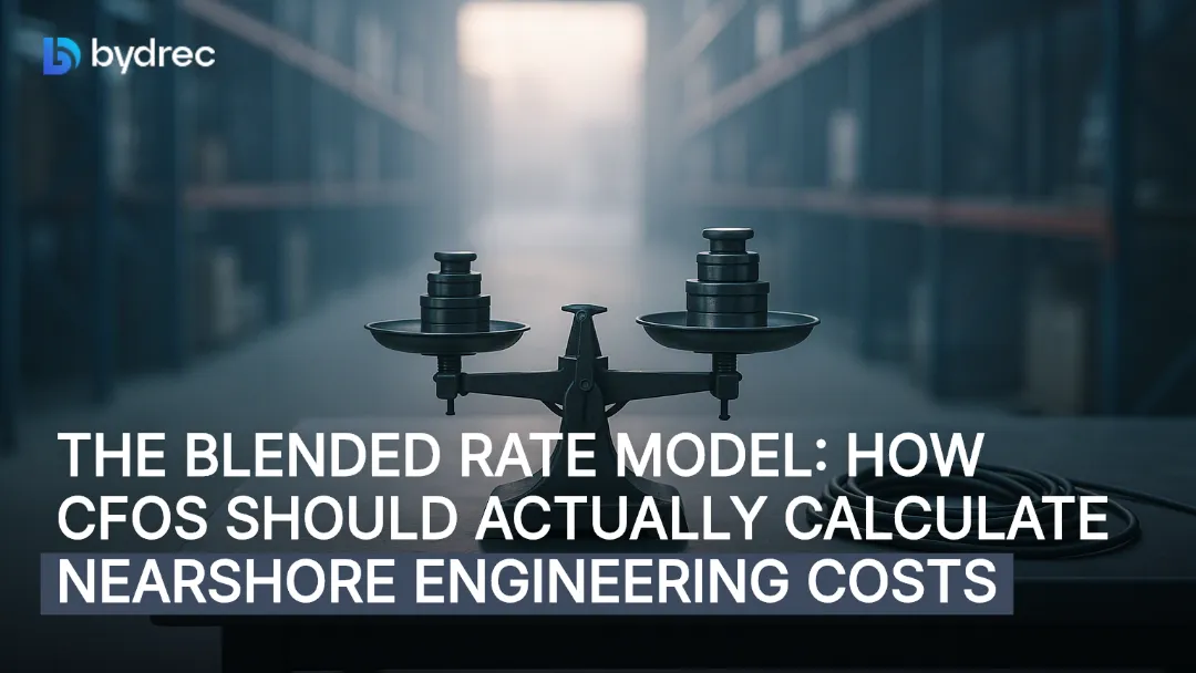 Balance scale with stacked metal weights on a workbench, symbolizing a true blended-rate cost model for nearshore engineering.