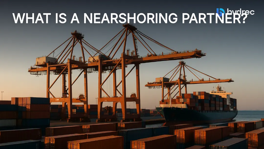 Cargo terminal at dawn with stacked shipping containers, gantry cranes, and a docked freight ship under golden light.