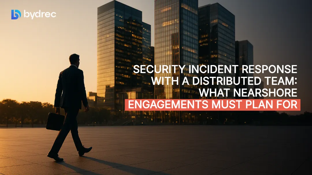 Lone figure walks across an empty plaza toward illuminated office towers at dawn, symbolizing off-hours incident response.