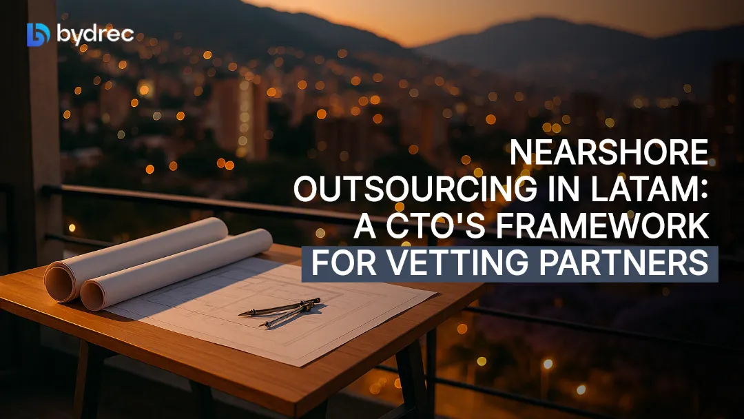 Rooftop table with blueprints and compass overlooks Medellín's hillside lights and jacaranda streets at dusk.