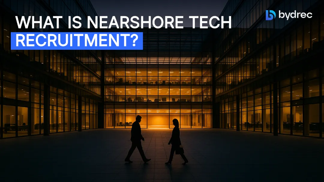 Two professionals meet at dawn in a glass office plaza, symbolizing aligned time zones in nearshore tech recruitment.