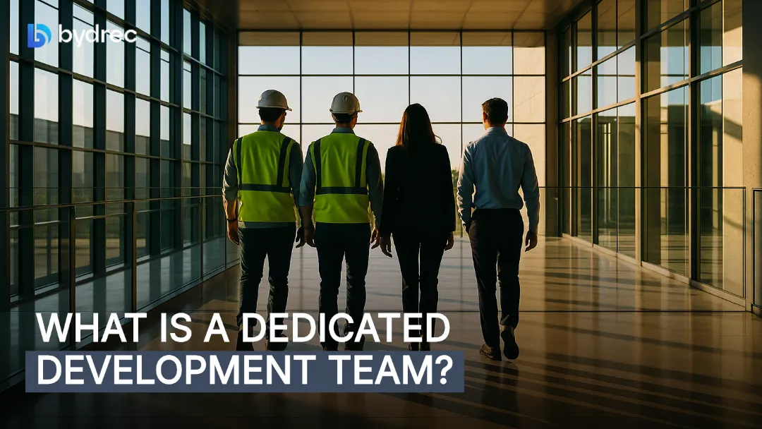 Engineers walk together across a glass-walled corporate mezzanine at dawn, symbolizing a dedicated development team.