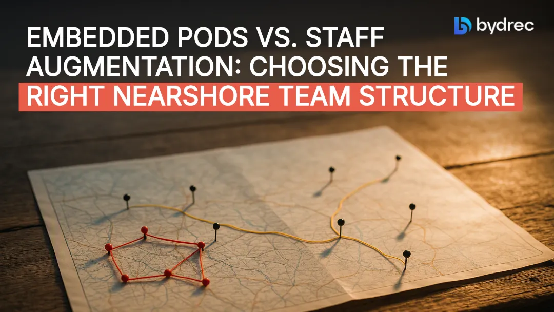Map with pins shows a compact thread loop beside a loose winding thread, symbolizing embedded pods versus staff augmentation models.